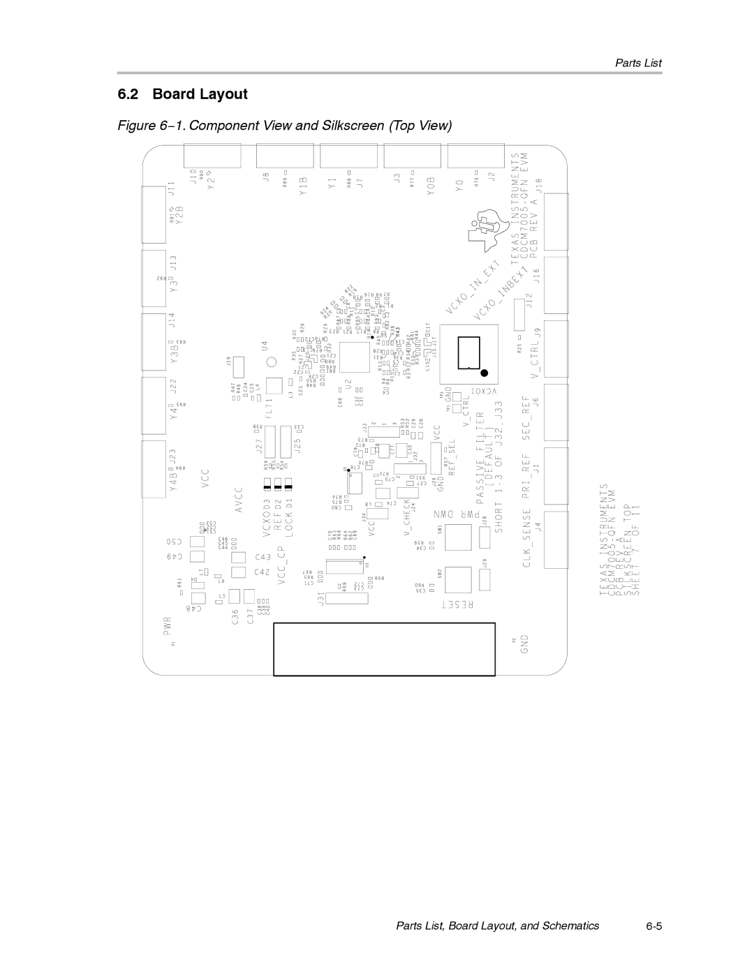 Texas Instruments CDCM7005 manual Board Layout, 1. Component View and Silkscreen Top View 