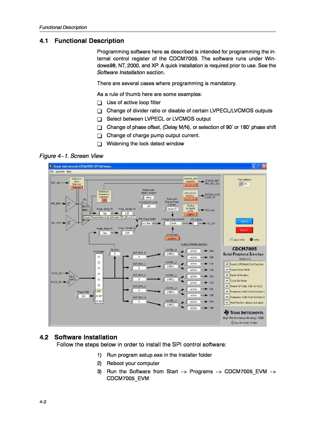 Texas Instruments CDCM7005 manual Functional Description, Software Installation, 1. Screen View 