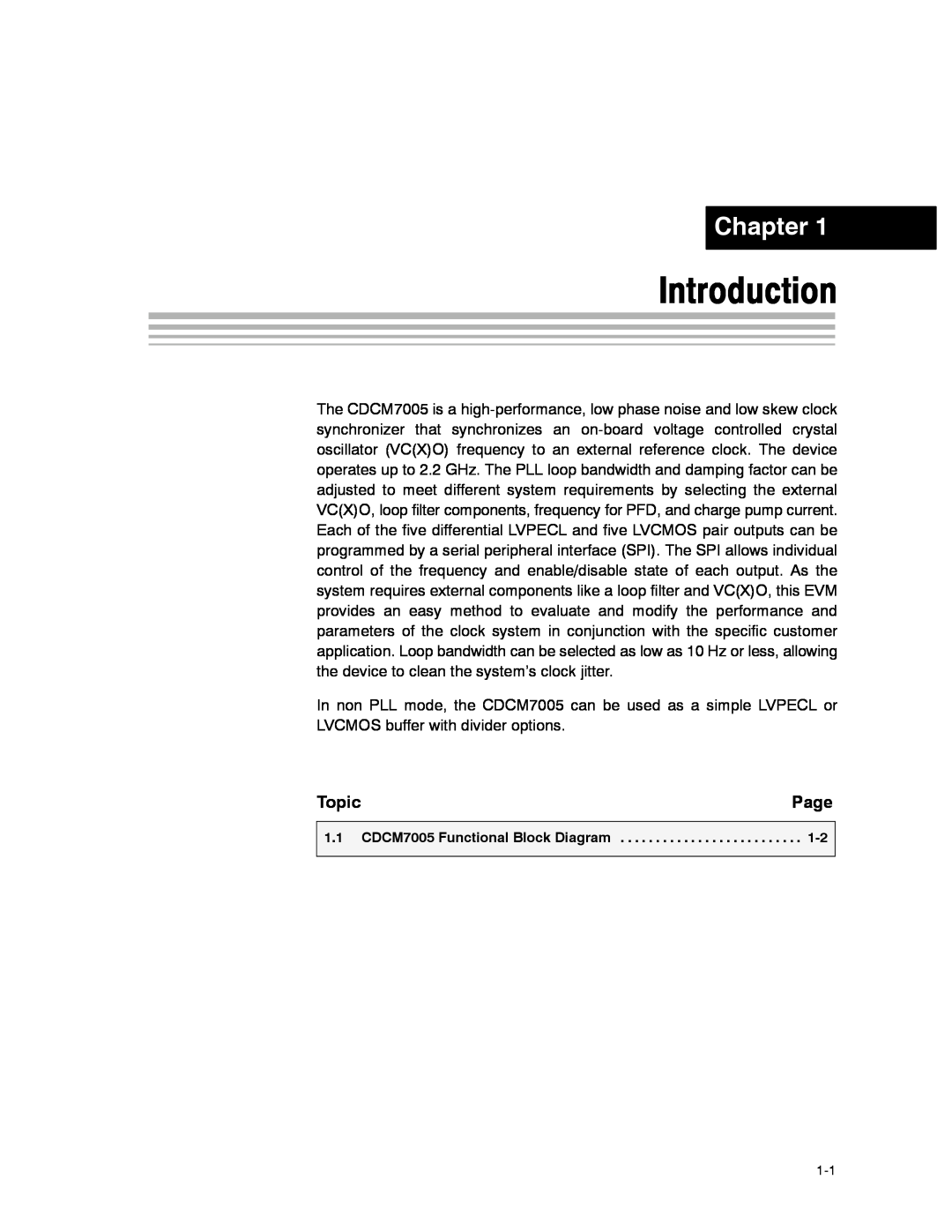Texas Instruments CDCM7005 manual Introduction, Chapter, Topic, Page 