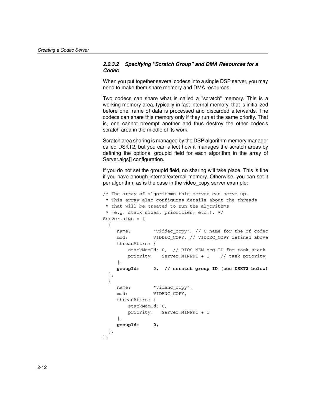 Texas Instruments Codec Engine Server manual Specifying Scratch Group and DMA Resources for a Codec 