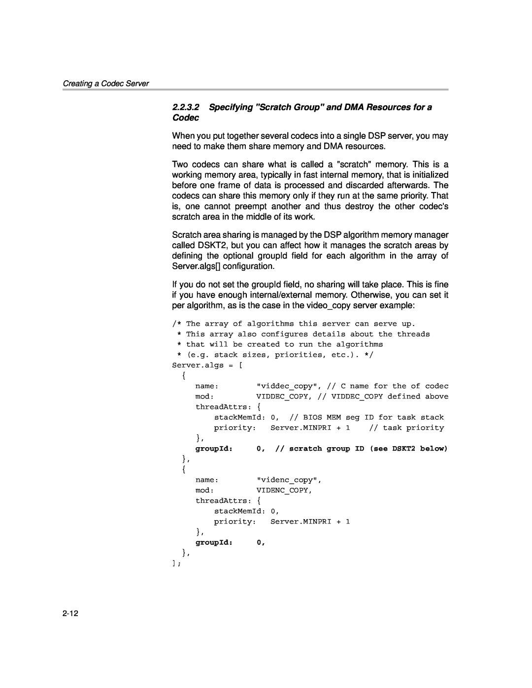Texas Instruments Codec Engine Server manual Specifying Scratch Group and DMA Resources for a Codec 