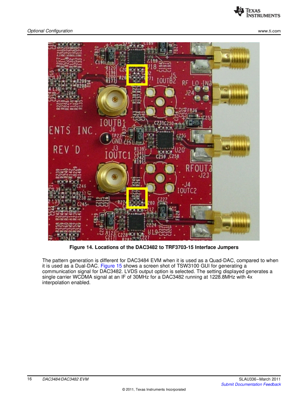 Texas Instruments DAC3484 installation instructions Locations of the DAC3482 to TRF3703-15 Interface Jumpers 