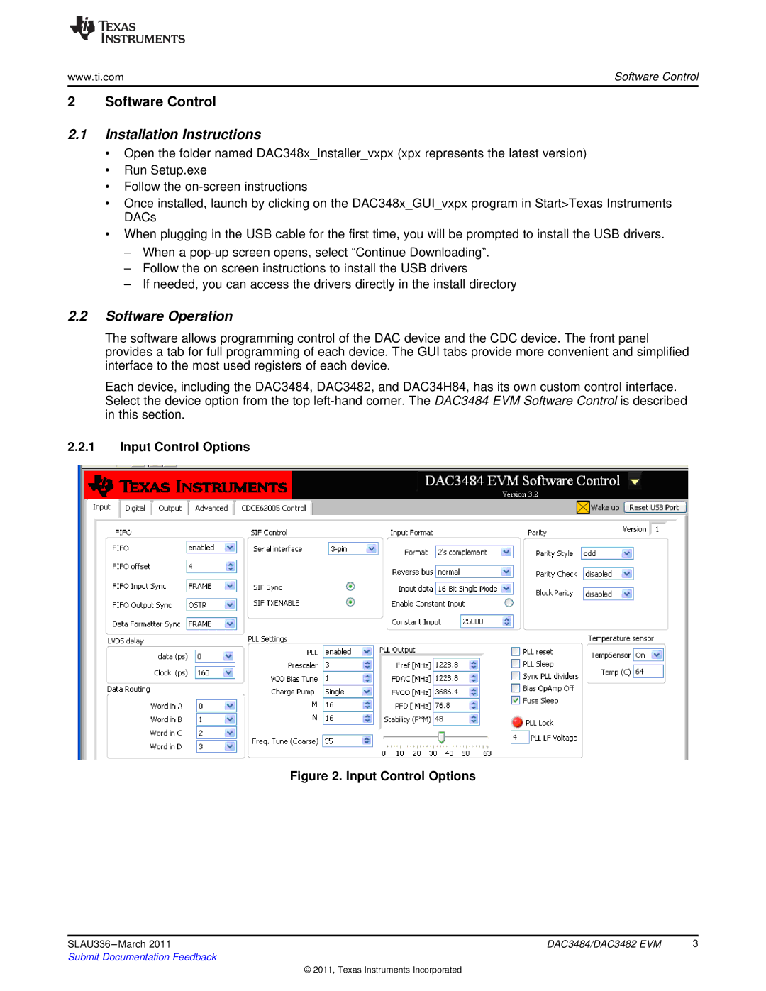 Texas Instruments DAC3484, DAC3482 Installation Instructions, Software Operation, Input Control Options 