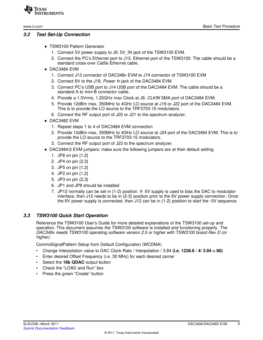 Texas Instruments DAC3484, DAC3482 installation instructions Test Set-Up Connection, TSW3100 Quick Start Operation 