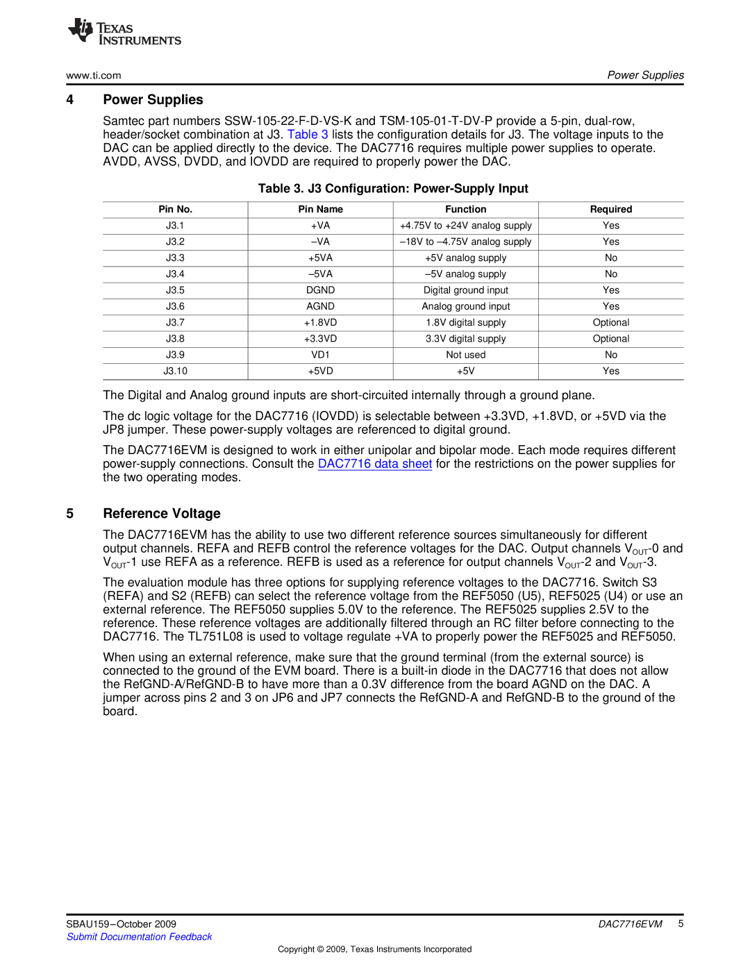 Texas Instruments DAC7716EVM manual Power Supplies, Reference Voltage, J3 Configuration Power-Supply Input 