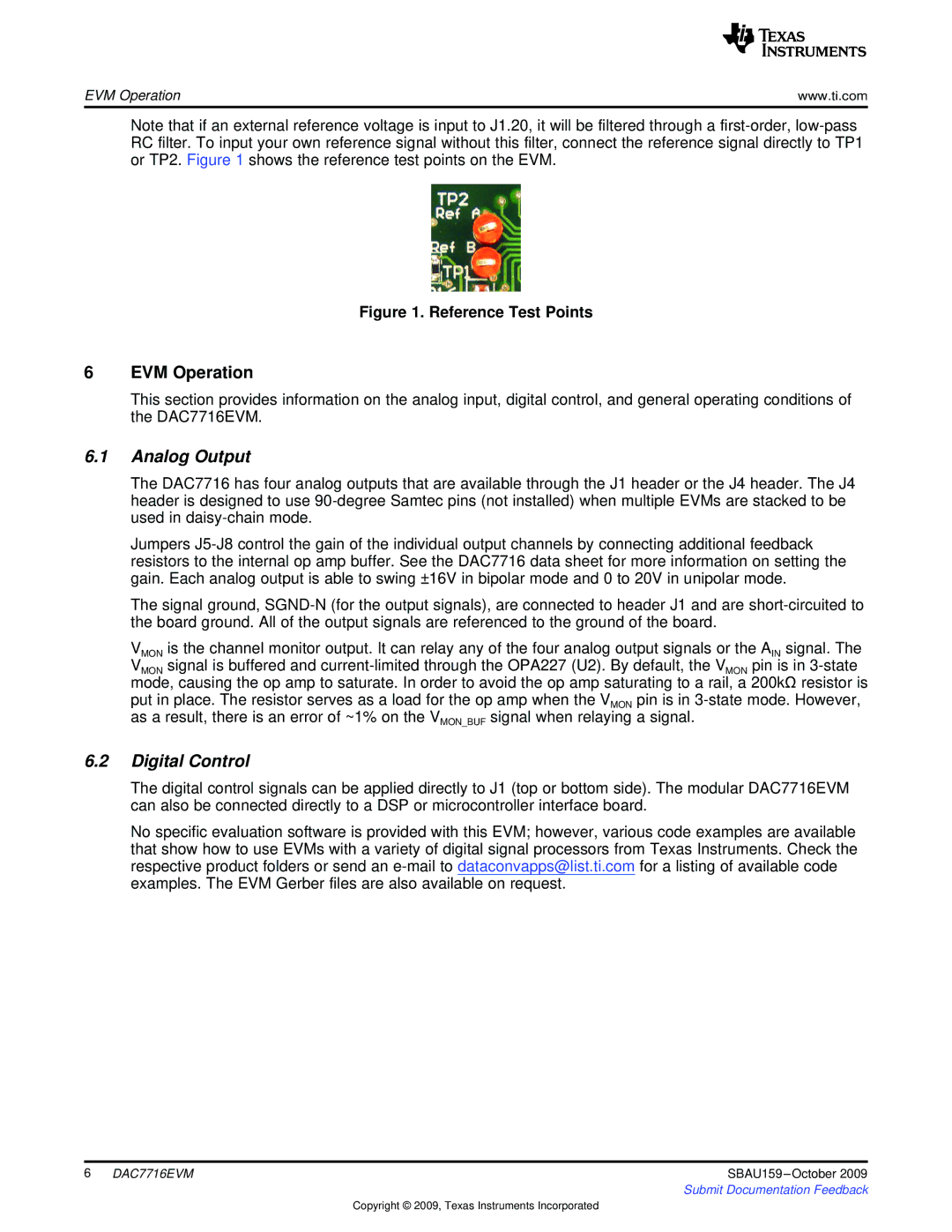 Texas Instruments DAC7716EVM manual EVM Operation, Analog Output, Digital Control 