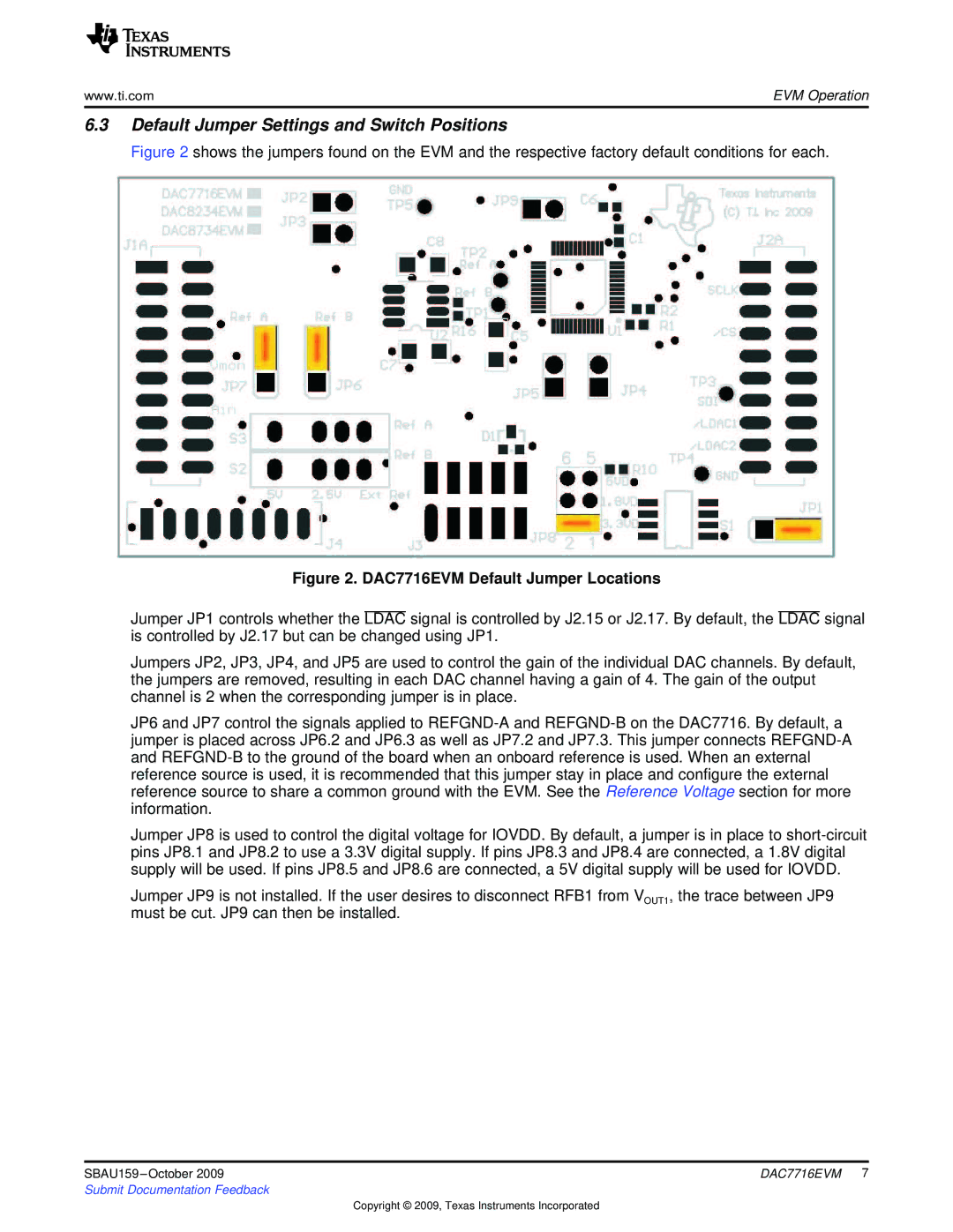 Texas Instruments manual Default Jumper Settings and Switch Positions, DAC7716EVM Default Jumper Locations 