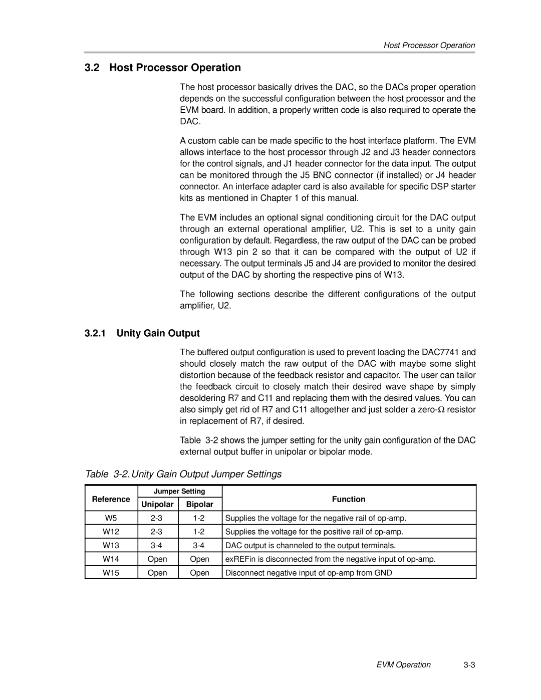 Texas Instruments DAC7741EVM Host Processor Operation, Unity Gain Output Jumper Settings, Reference, Unipolar Bipolar 