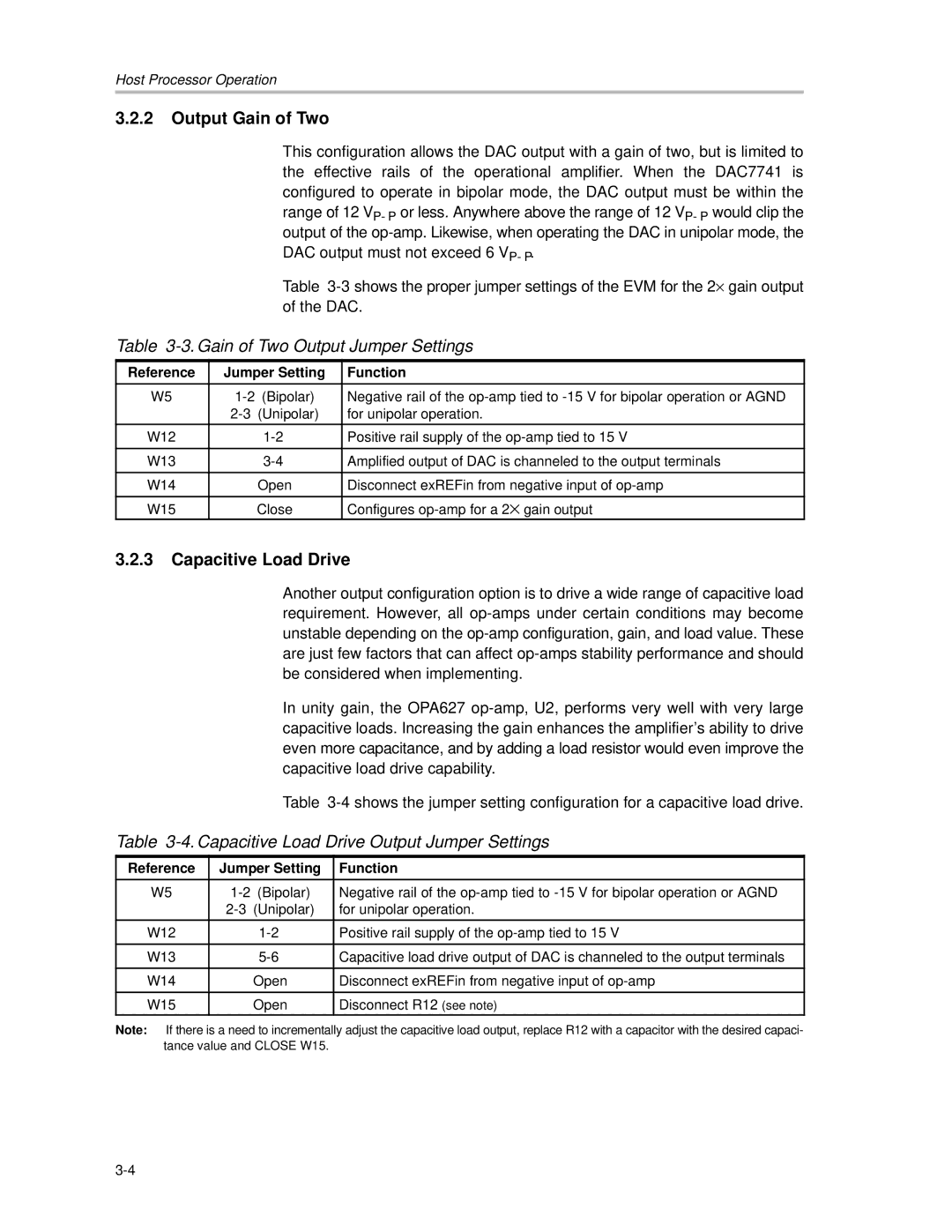 Texas Instruments DAC7741EVM manual Gain of Two Output Jumper Settings, Capacitive Load Drive Output Jumper Settings 