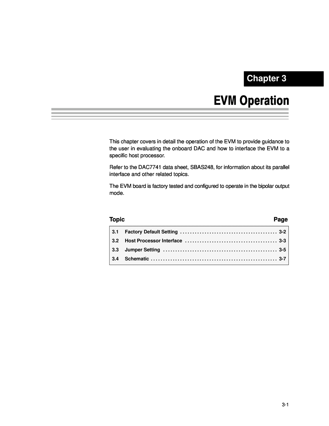 Texas Instruments DAC7741EVM manual EVM Operation, Chapter, Page, Topic 
