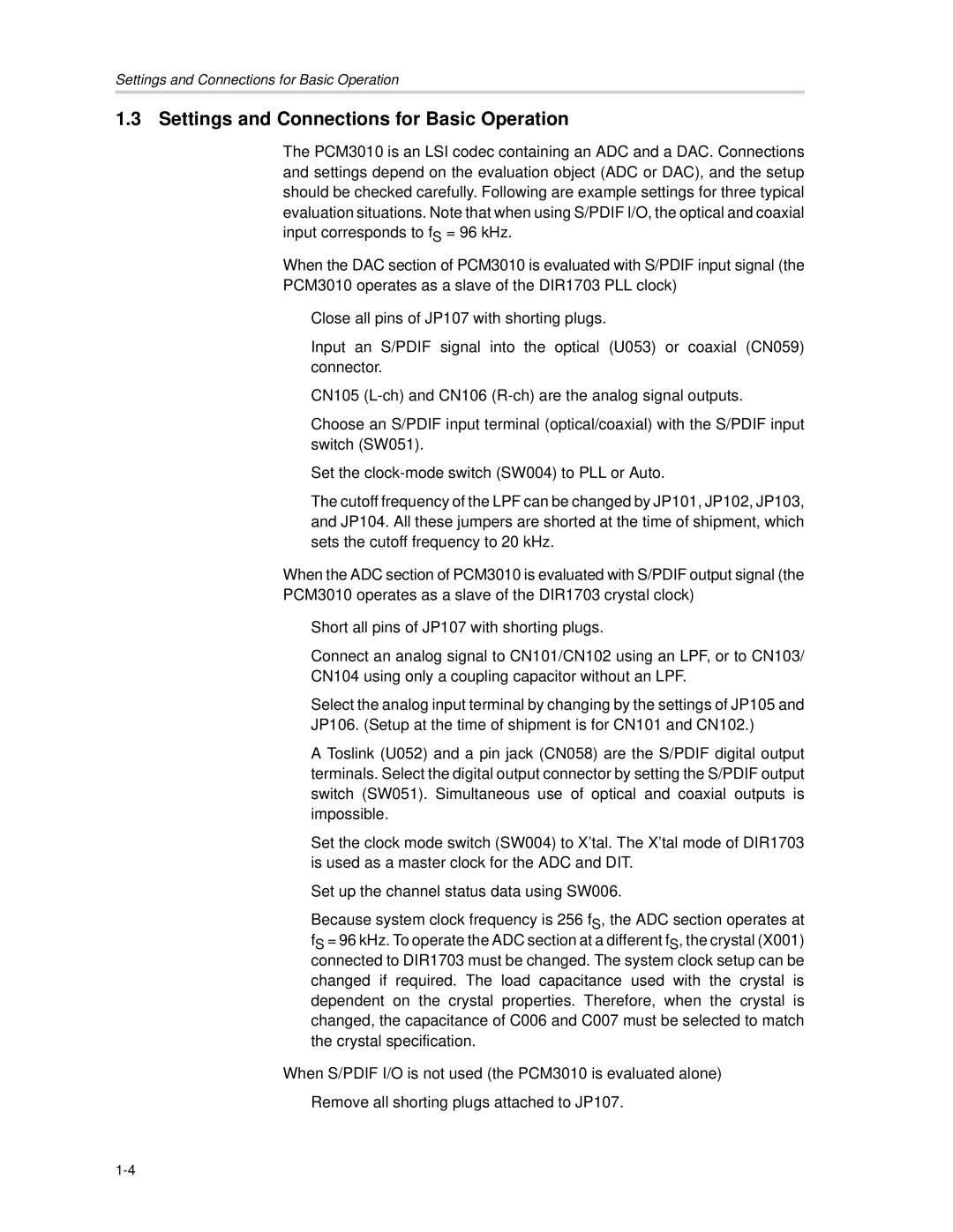 Texas Instruments DEM-DAI3010 manual Settings and Connections for Basic Operation 