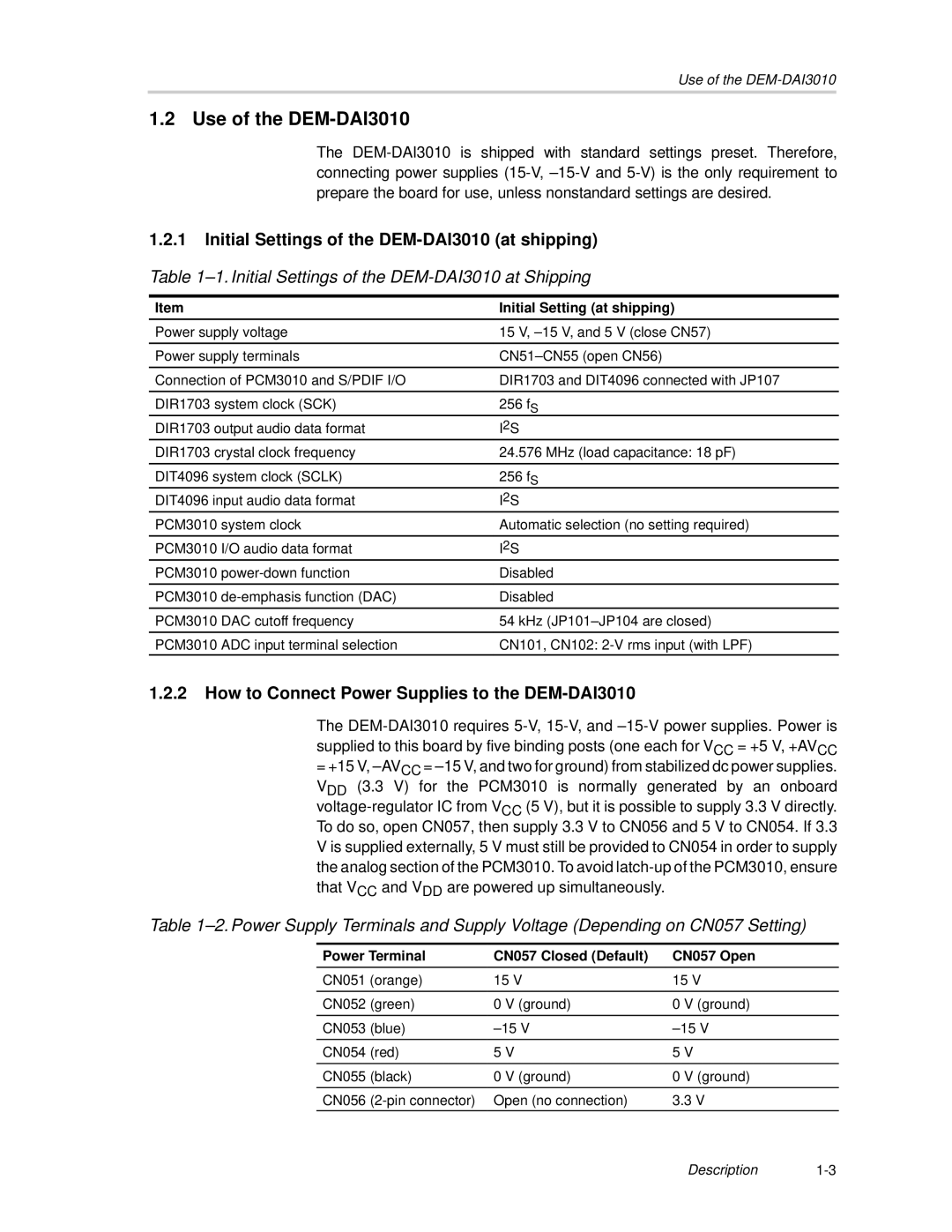 Texas Instruments Use of the DEM-DAI3010, Initial Setting at shipping, Power Terminal CN057 Closed Default CN057 Open 