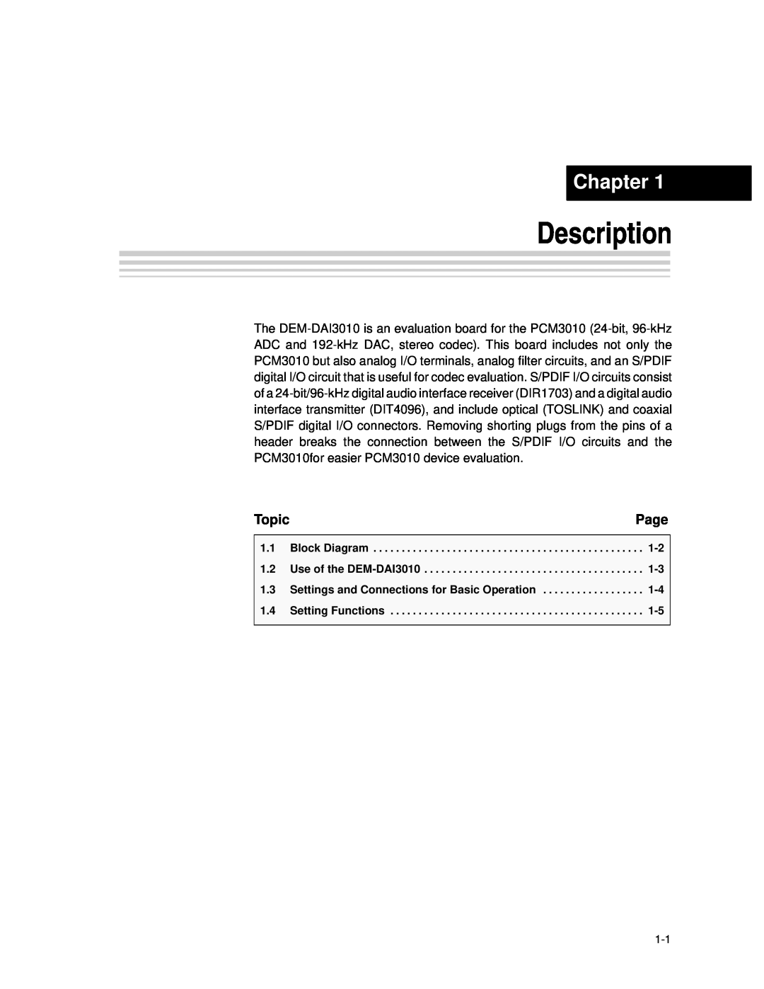Texas Instruments DEM-DAI3010 manual Description, Chapter, Topic 