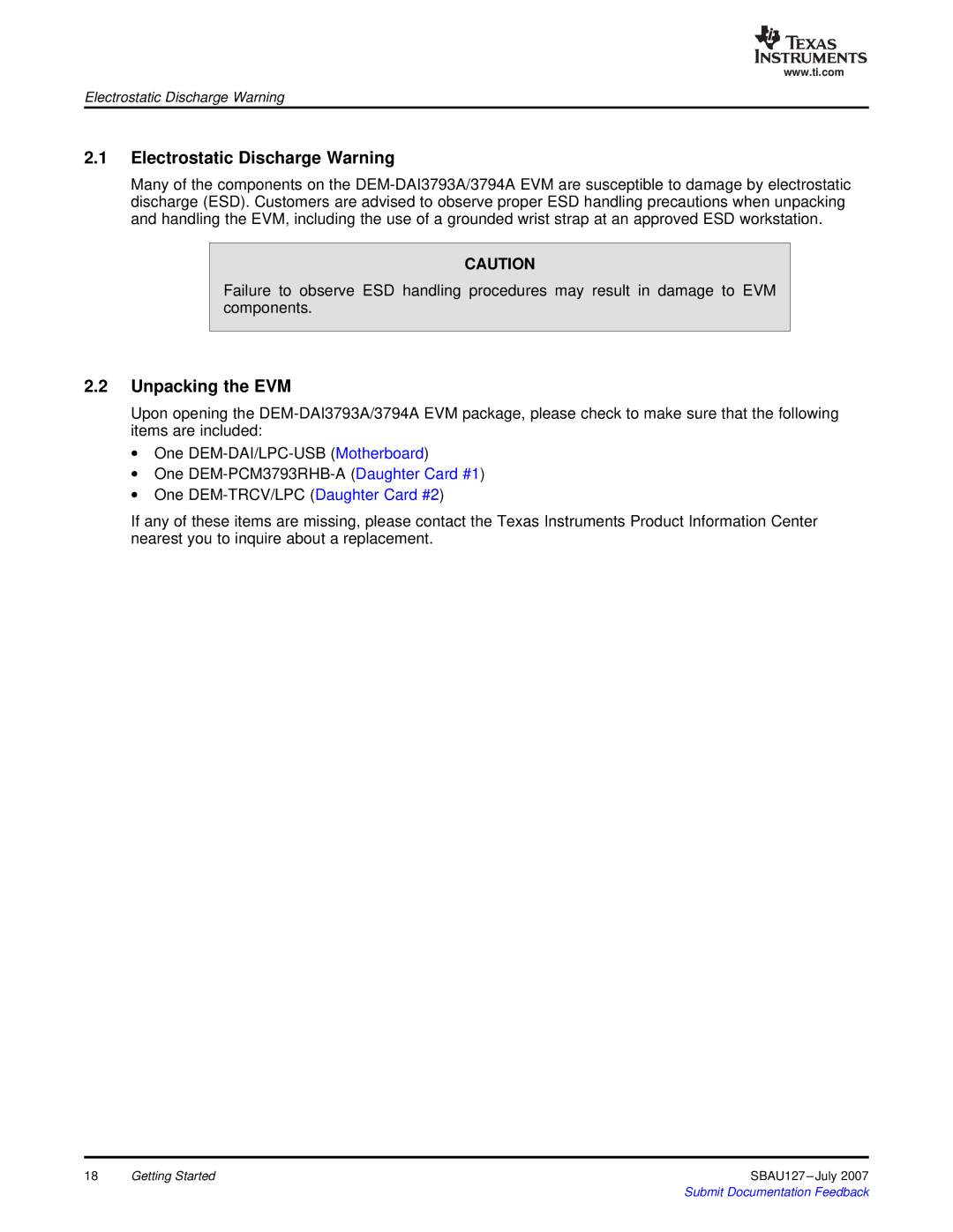 Texas Instruments DEM-DAI3793A manual Electrostatic Discharge Warning, Unpacking the EVM 