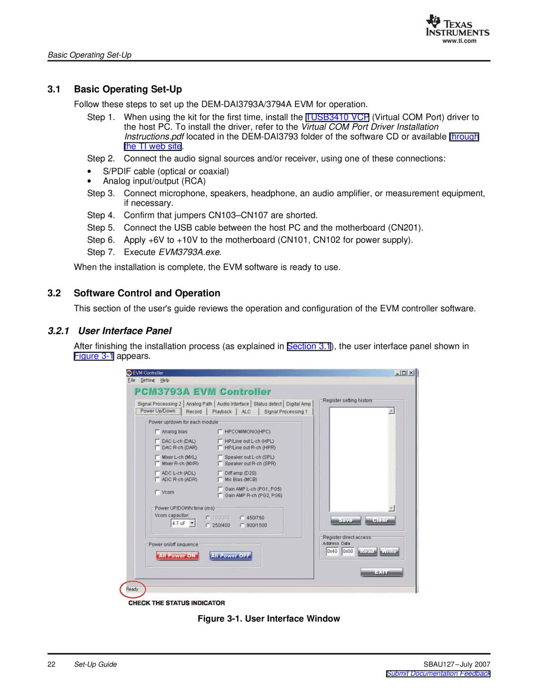 Texas Instruments DEM-DAI3793A manual Basic Operating Set-Up, Software Control and Operation, User Interface Panel 