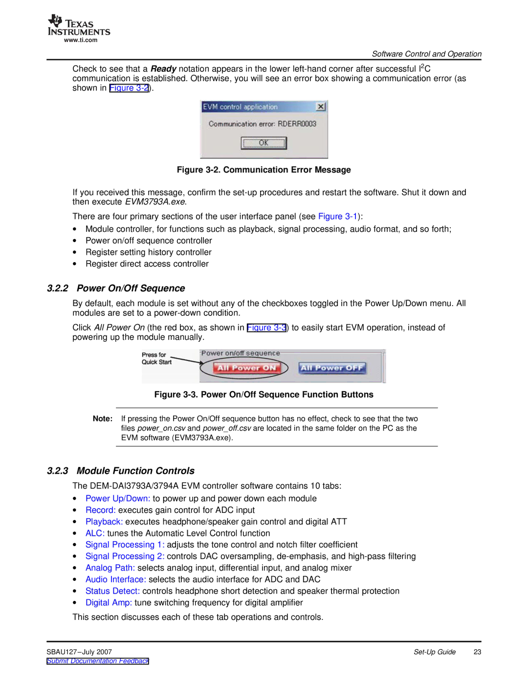 Texas Instruments DEM-DAI3793A manual Power On/Off Sequence, Module Function Controls 