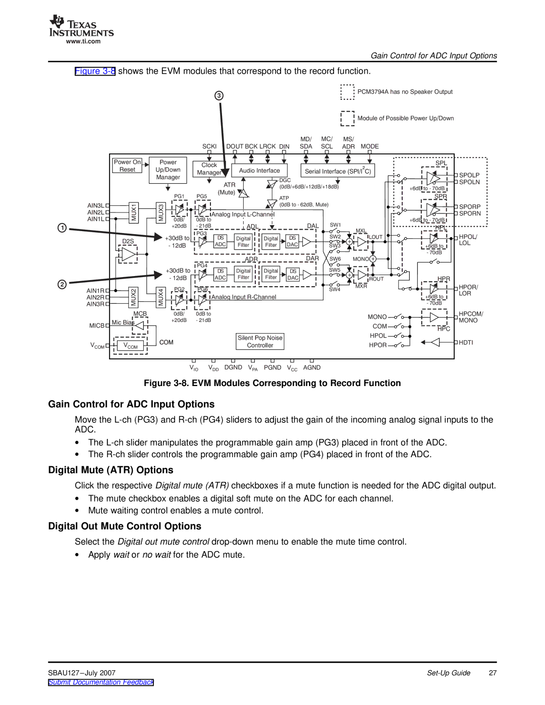 Texas Instruments DEM-DAI3793A manual Gain Control for ADC Input Options, Digital Mute ATR Options 