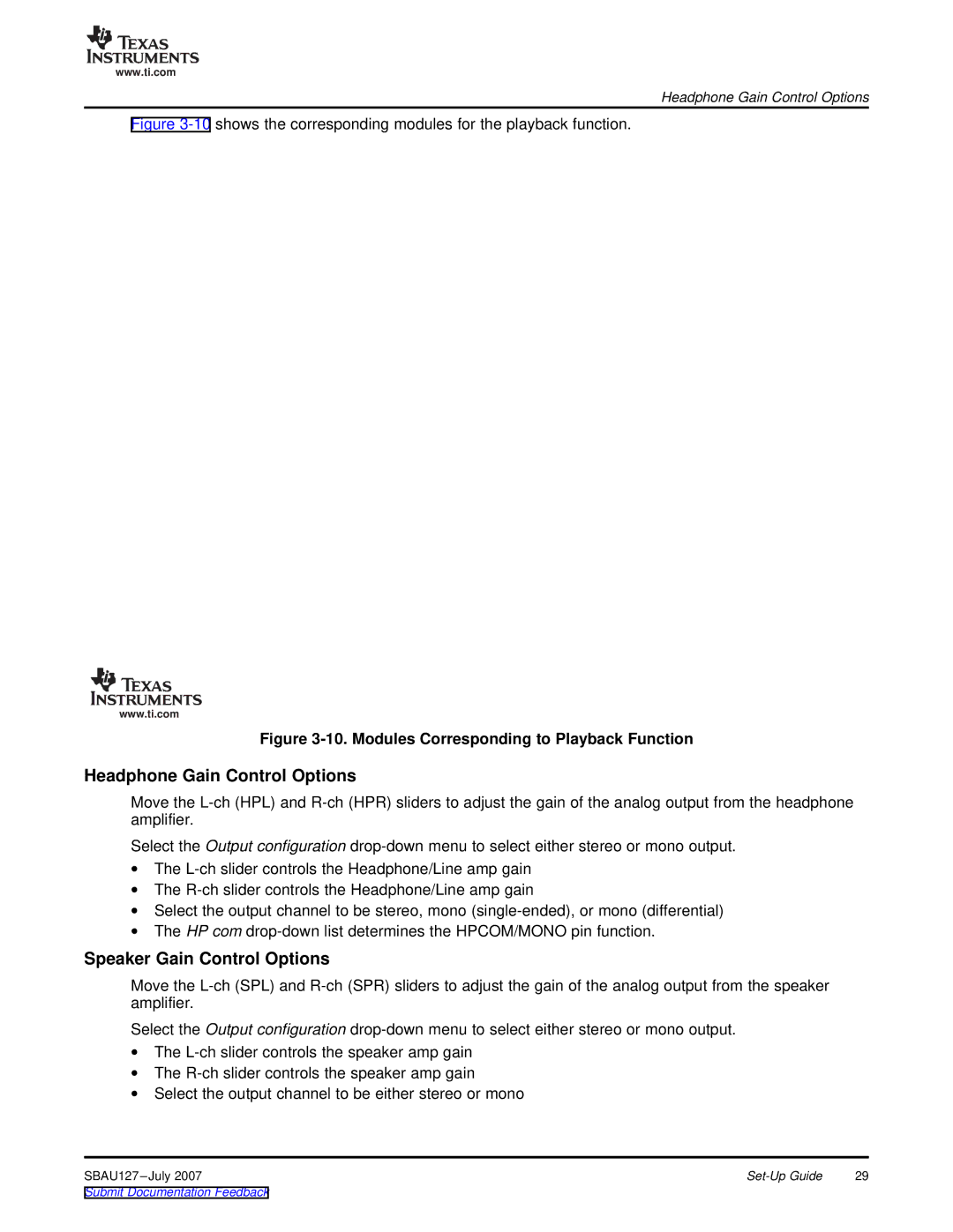 Texas Instruments DEM-DAI3793A manual Headphone Gain Control Options, Speaker Gain Control Options 