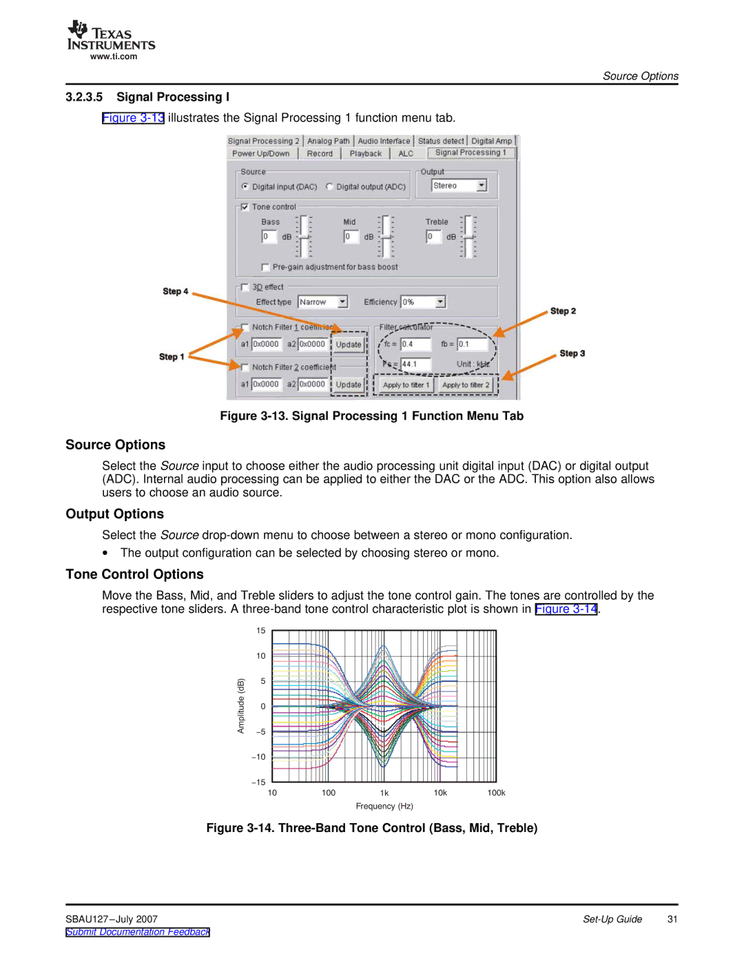 Texas Instruments DEM-DAI3793A manual Source Options, Output Options, Tone Control Options, Signal Processing 