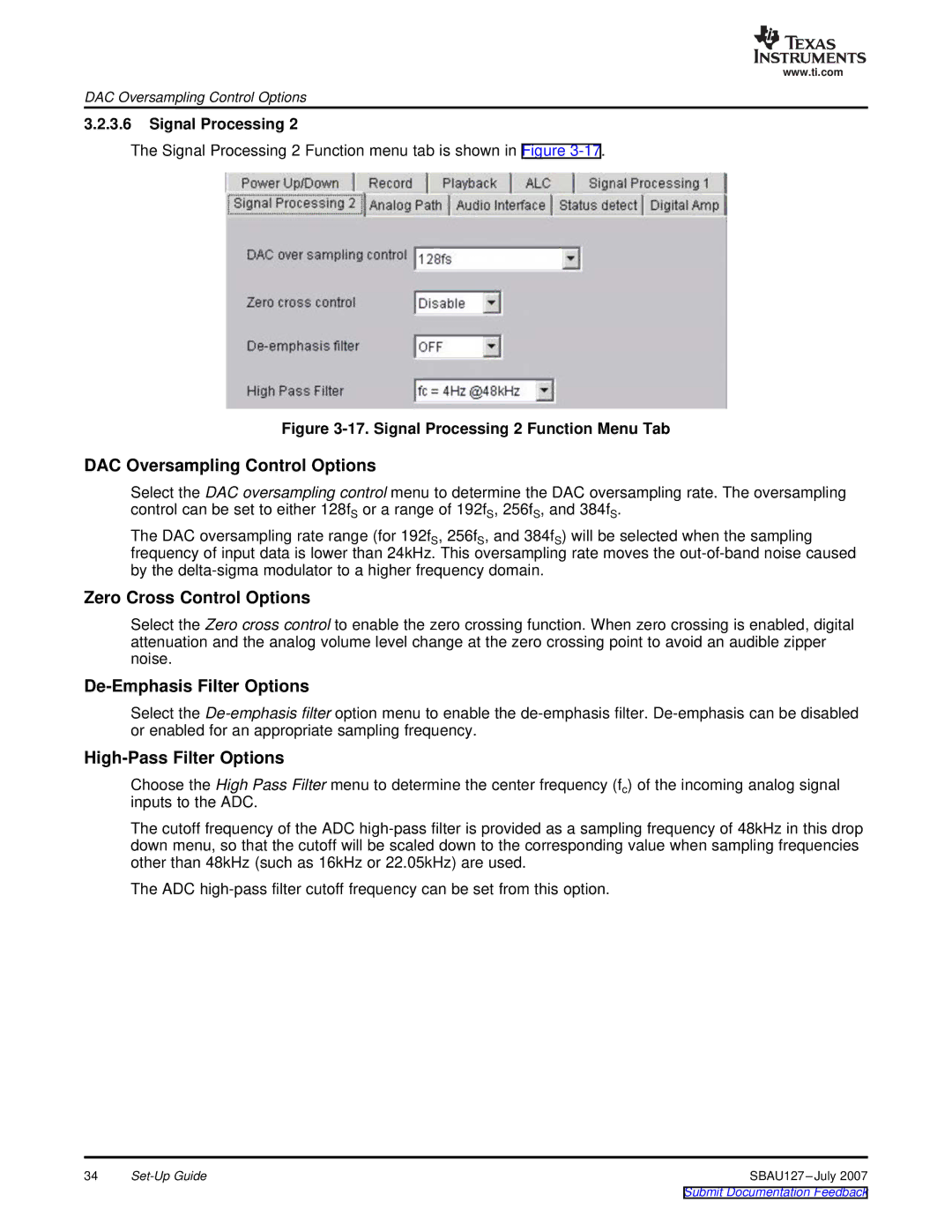 Texas Instruments DEM-DAI3793A DAC Oversampling Control Options, Zero Cross Control Options, De-Emphasis Filter Options 