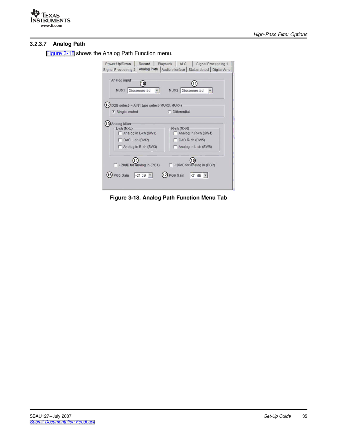 Texas Instruments DEM-DAI3793A manual Analog Path Function Menu Tab 