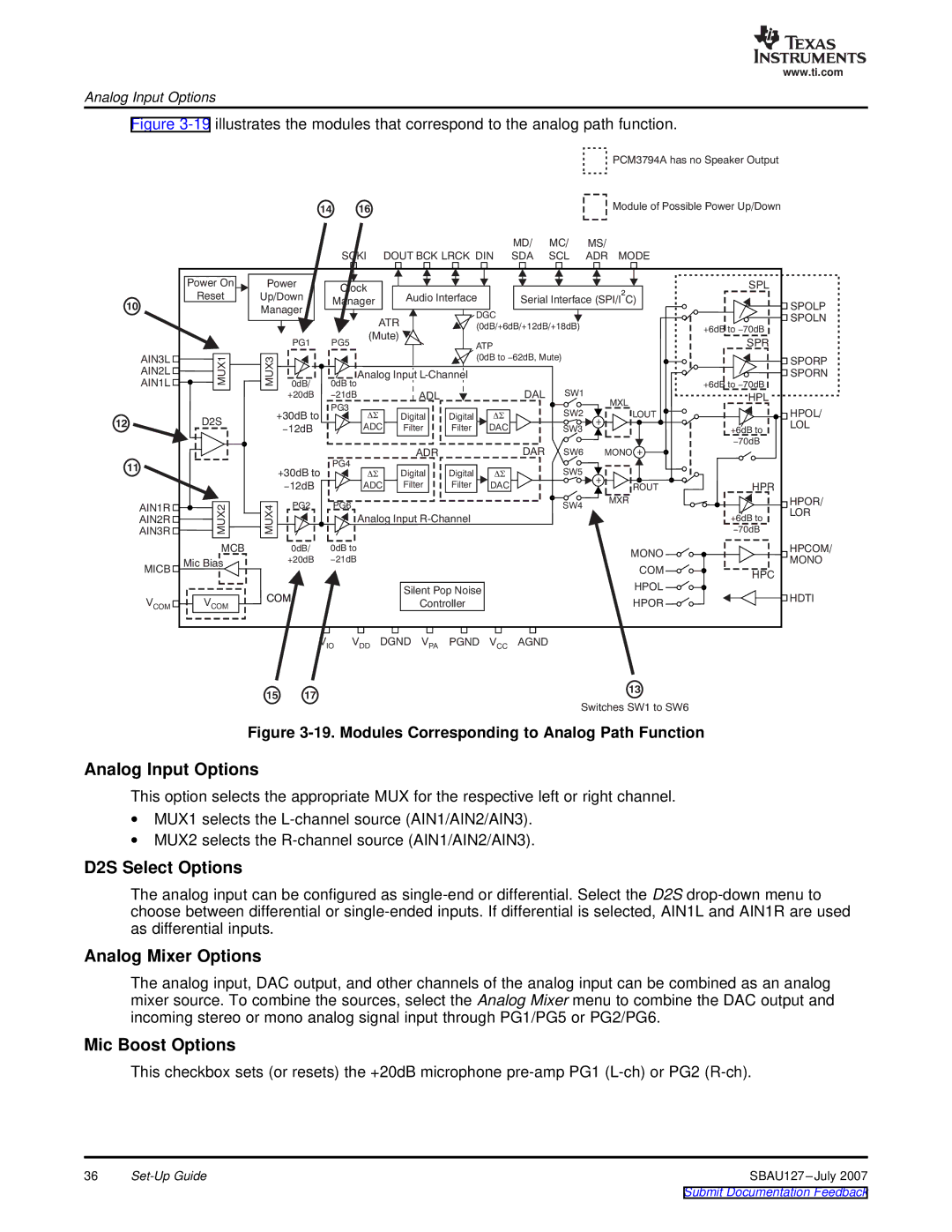 Texas Instruments DEM-DAI3793A manual Analog Input Options, D2S Select Options, Analog Mixer Options, Mic Boost Options 