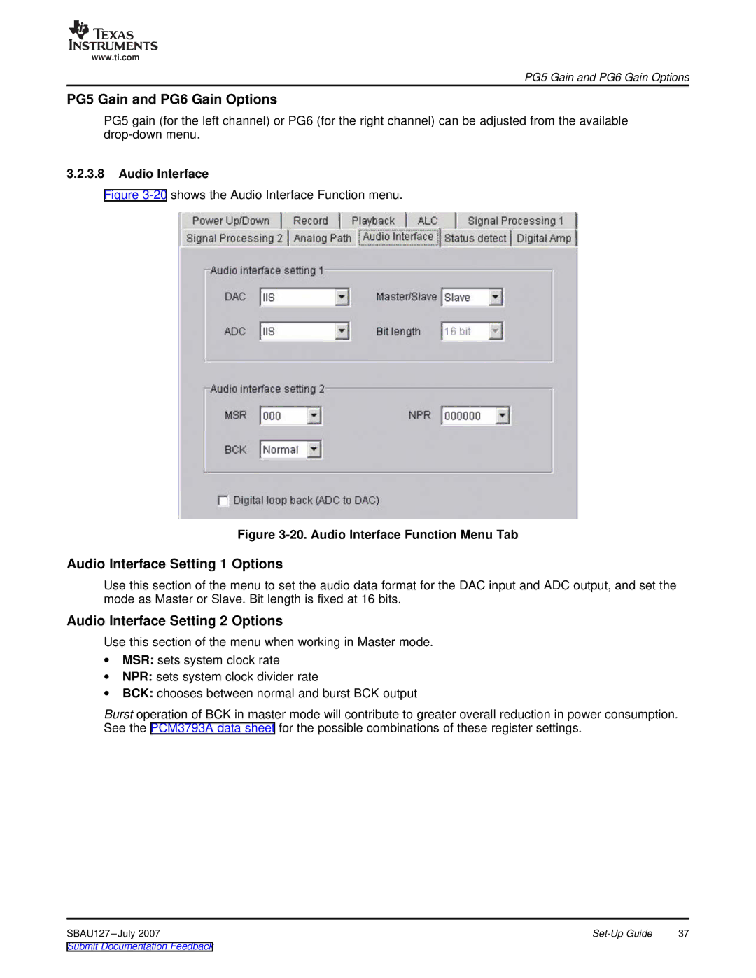 Texas Instruments DEM-DAI3793A manual PG5 Gain and PG6 Gain Options, Audio Interface Setting 1 Options 