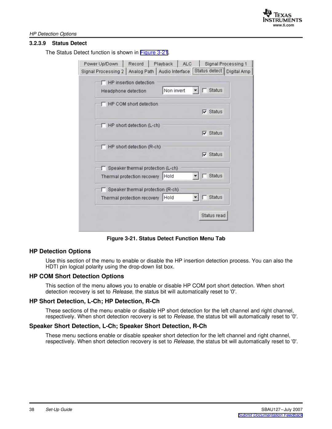 Texas Instruments DEM-DAI3793A manual HP Detection Options, HP COM Short Detection Options, Status Detect 