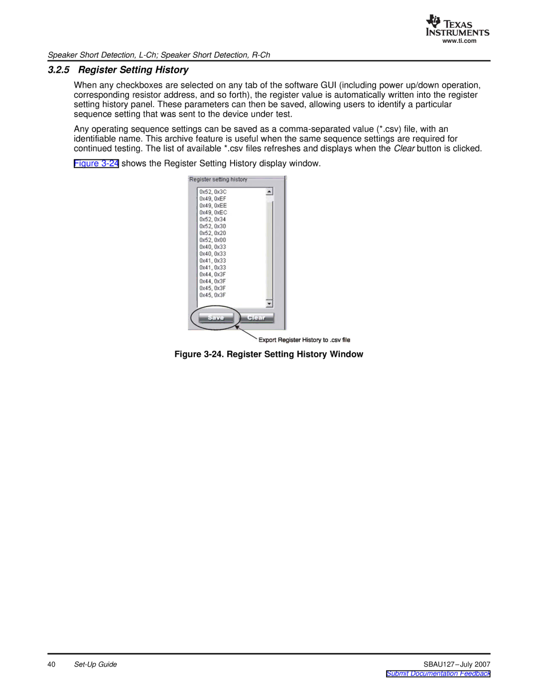 Texas Instruments DEM-DAI3793A manual Register Setting History Window 