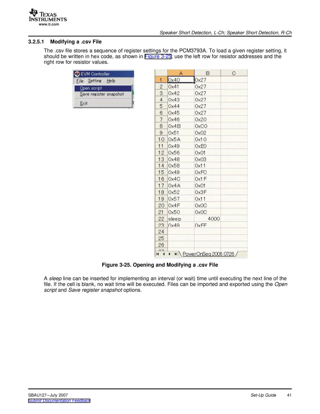 Texas Instruments DEM-DAI3793A manual Opening and Modifying a .csv File 