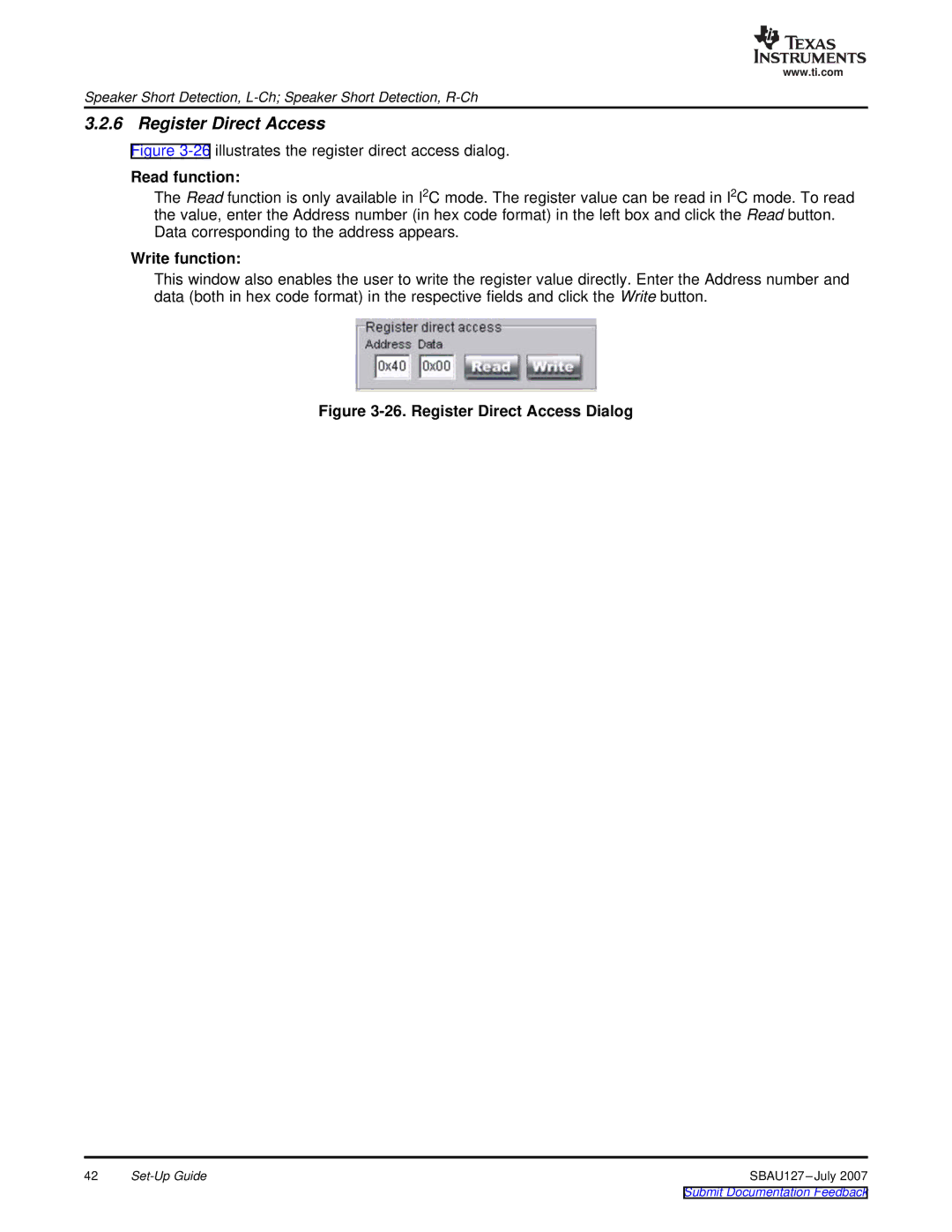 Texas Instruments DEM-DAI3793A manual Register Direct Access, Read function, Write function 