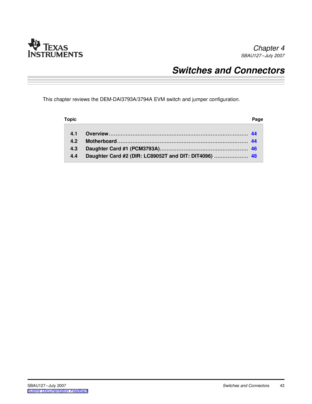 Texas Instruments DEM-DAI3793A manual Switches and Connectors, Daughter Card #2 DIR LC89052T and DIT DIT4096 