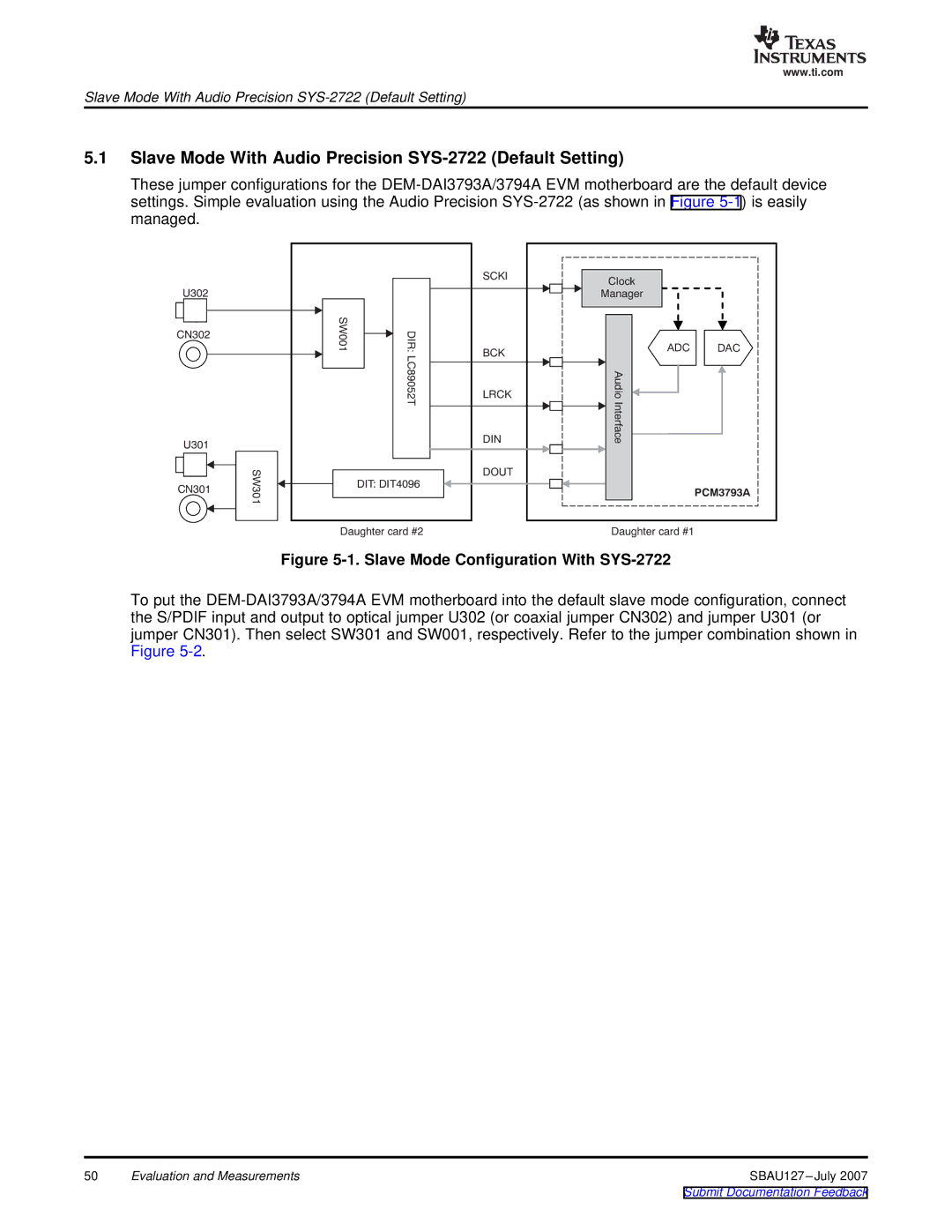 Texas Instruments DEM-DAI3793A manual Slave Mode With Audio Precision SYS-2722 Default Setting 