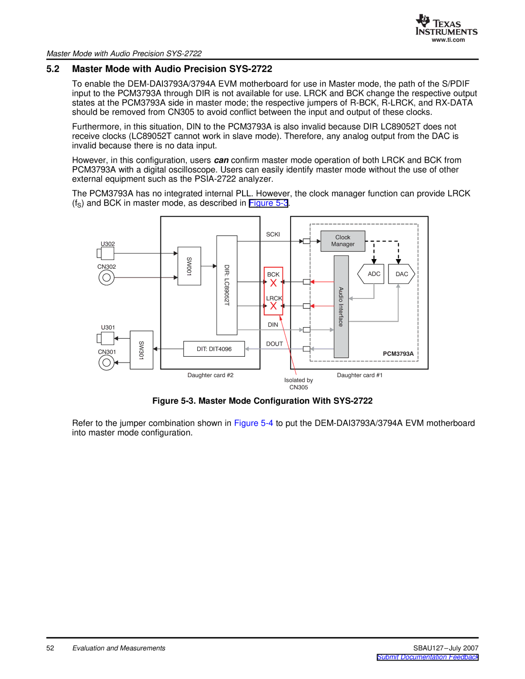 Texas Instruments DEM-DAI3793A manual Master Mode with Audio Precision SYS-2722, Master Mode Configuration With SYS-2722 