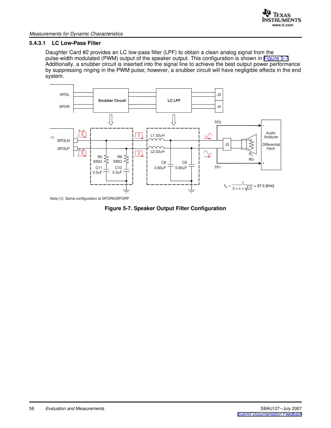 Texas Instruments DEM-DAI3793A manual LC Low-Pass Filter, Speaker Output Filter Configuration 