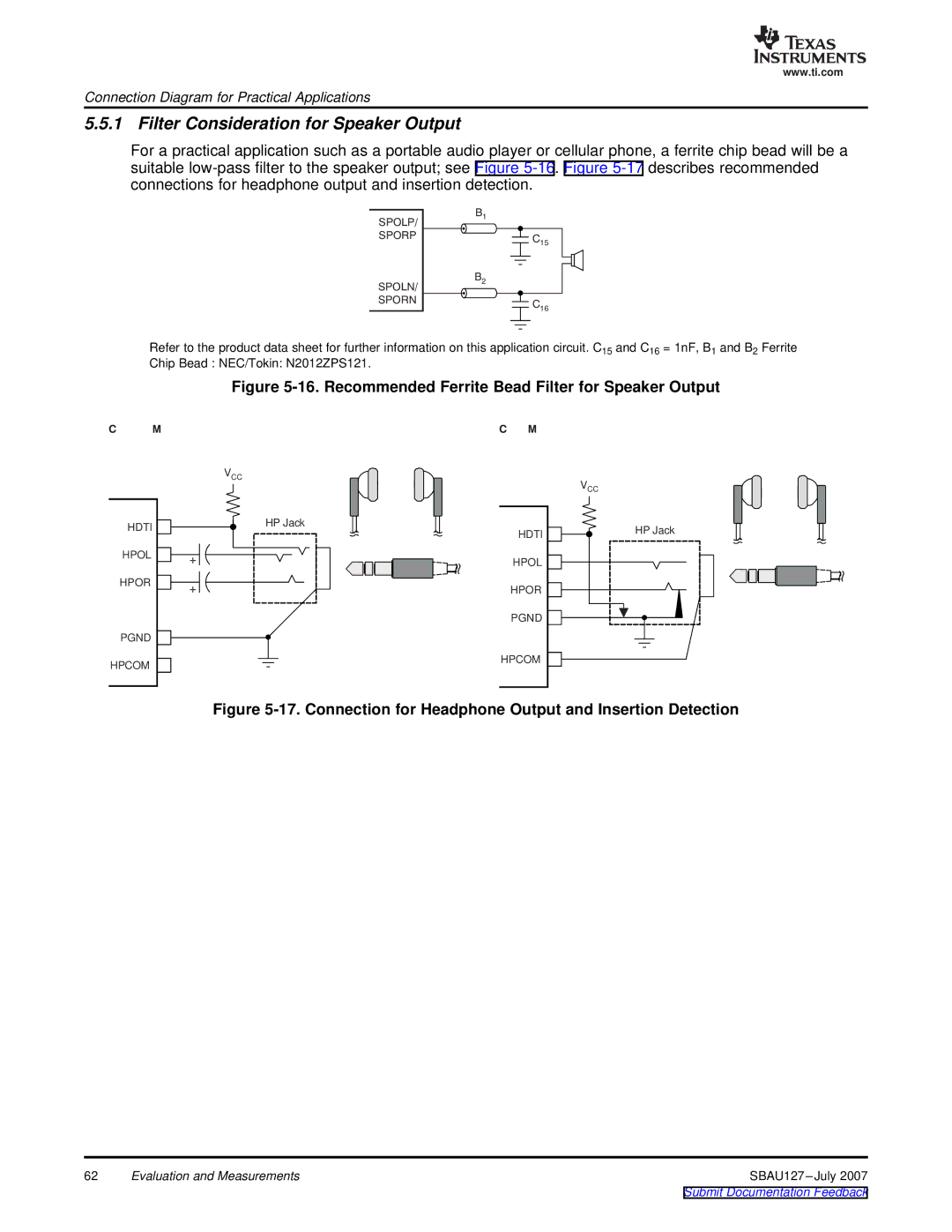 Texas Instruments DEM-DAI3793A Filter Consideration for Speaker Output, Recommended Ferrite Bead Filter for Speaker Output 