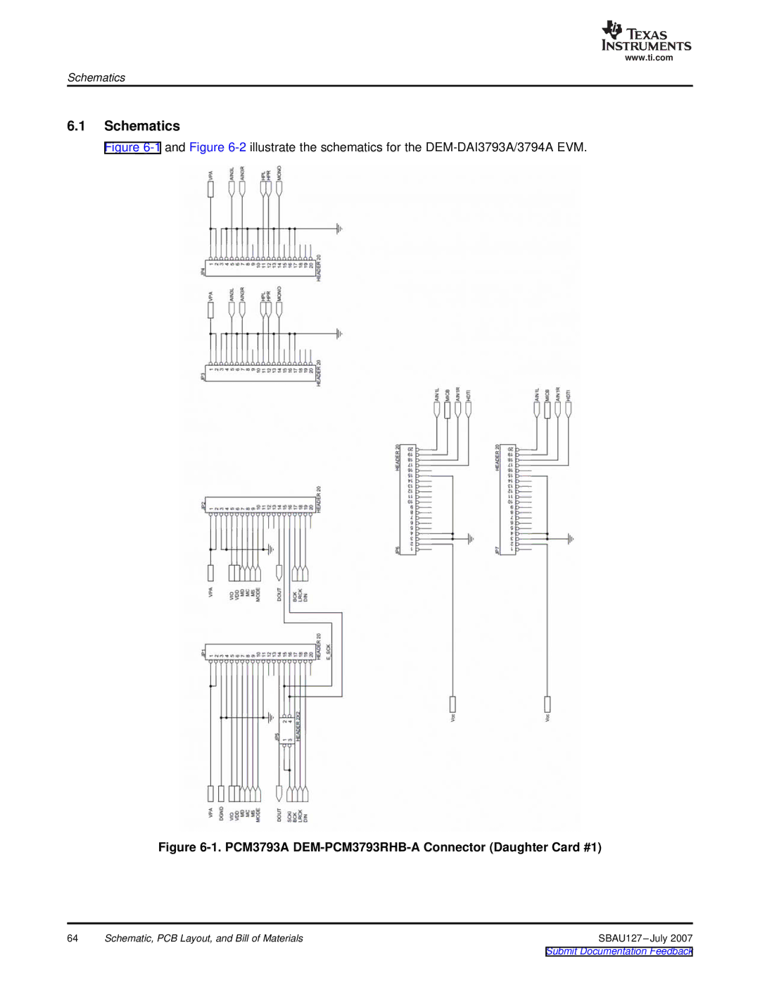 Texas Instruments DEM-DAI3793A manual Schematics, PCM3793A DEM-PCM3793RHB-A Connector Daughter Card #1 