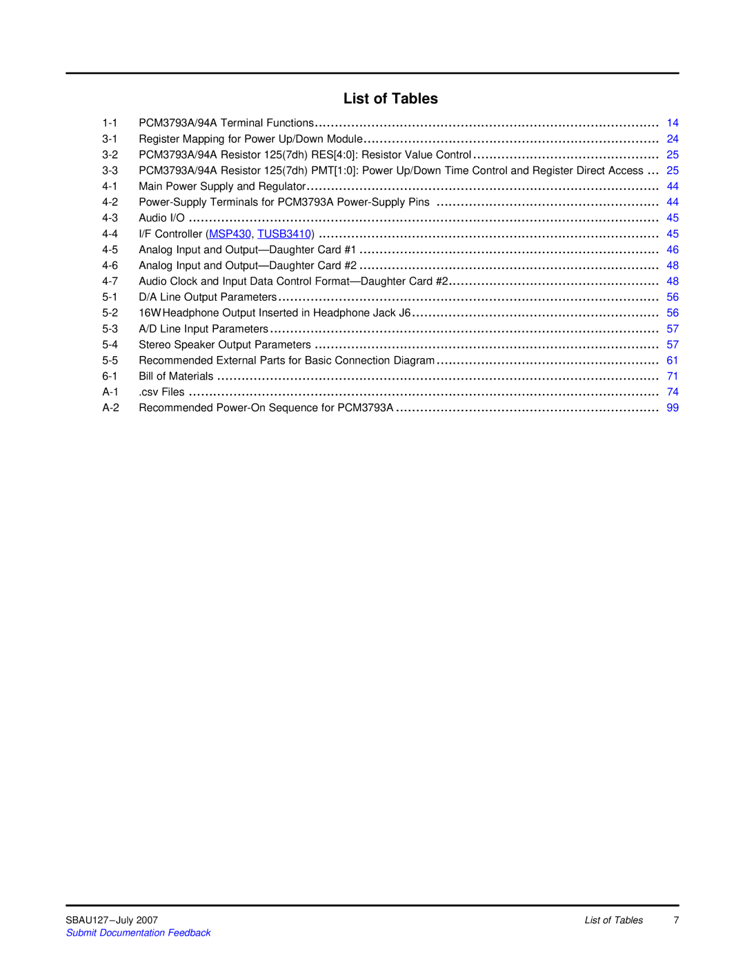 Texas Instruments DEM-DAI3793A manual List of Tables 