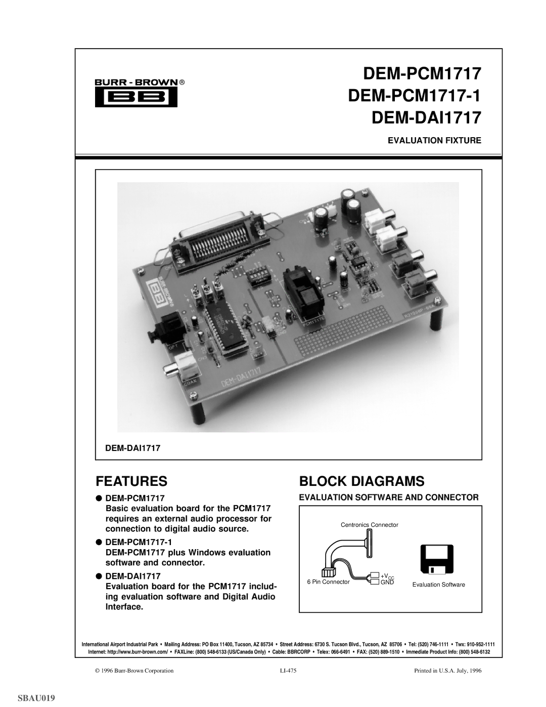 Texas Instruments DEM-PCM1717 manual Features, Block Diagrams, Evaluation Fixture DEM-DAI1717 