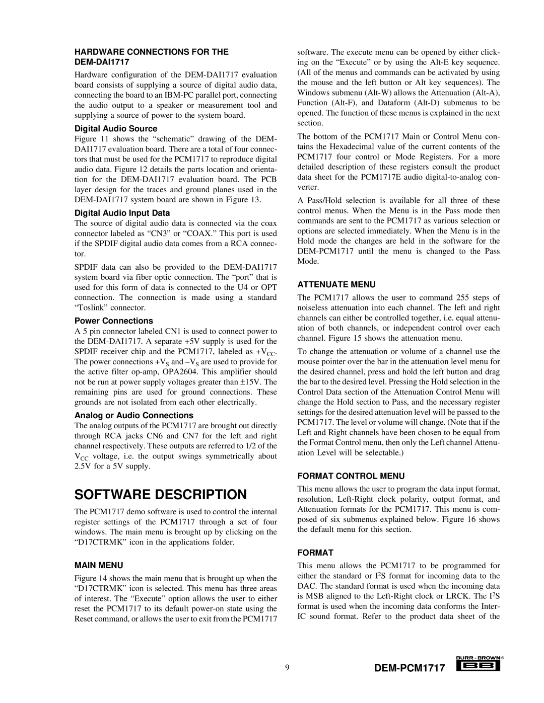 Texas Instruments manual Software Description, 9DEM-PCM1717 