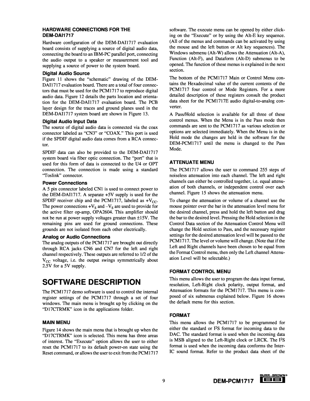Texas Instruments Software Description, 9DEM-PCM1717, HARDWARE CONNECTIONS FOR THE DEM-DAI1717, Digital Audio Source 