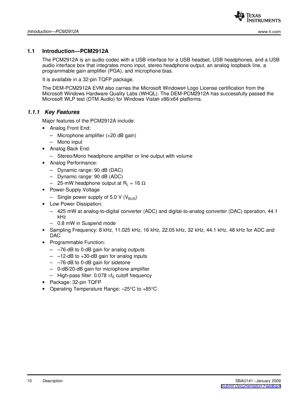 Texas Instruments DEM-PCM2912A EVM manual Introduction-PCM2912A, Key Features 