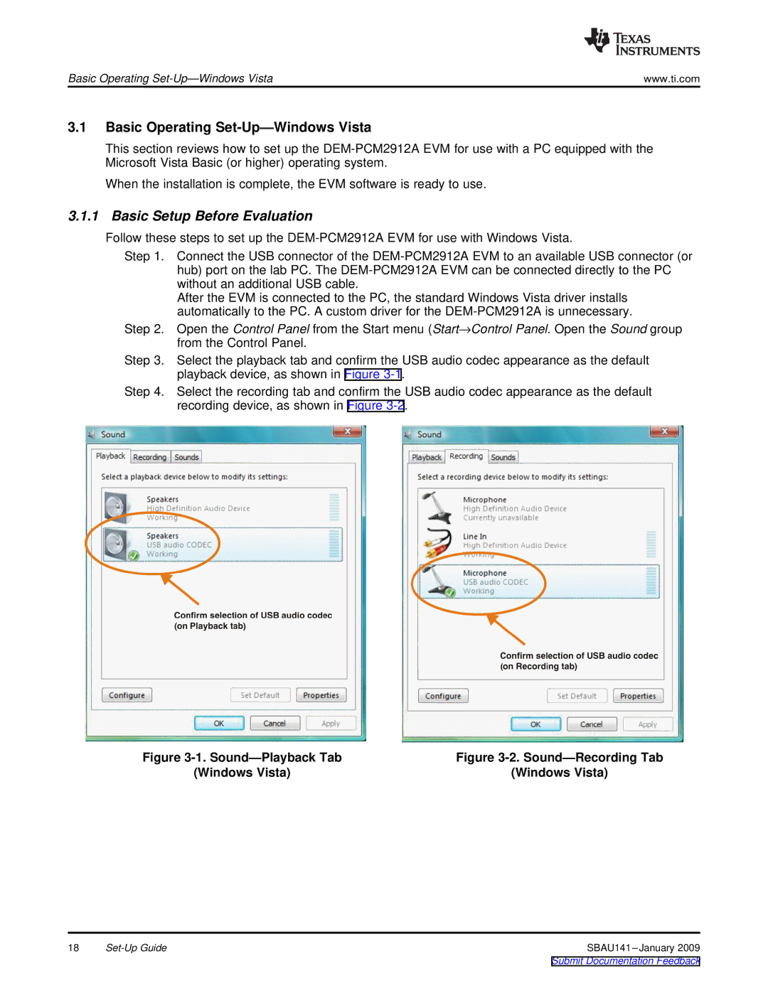 Texas Instruments DEM-PCM2912A EVM manual Basic Operating Set-Up-Windows Vista 