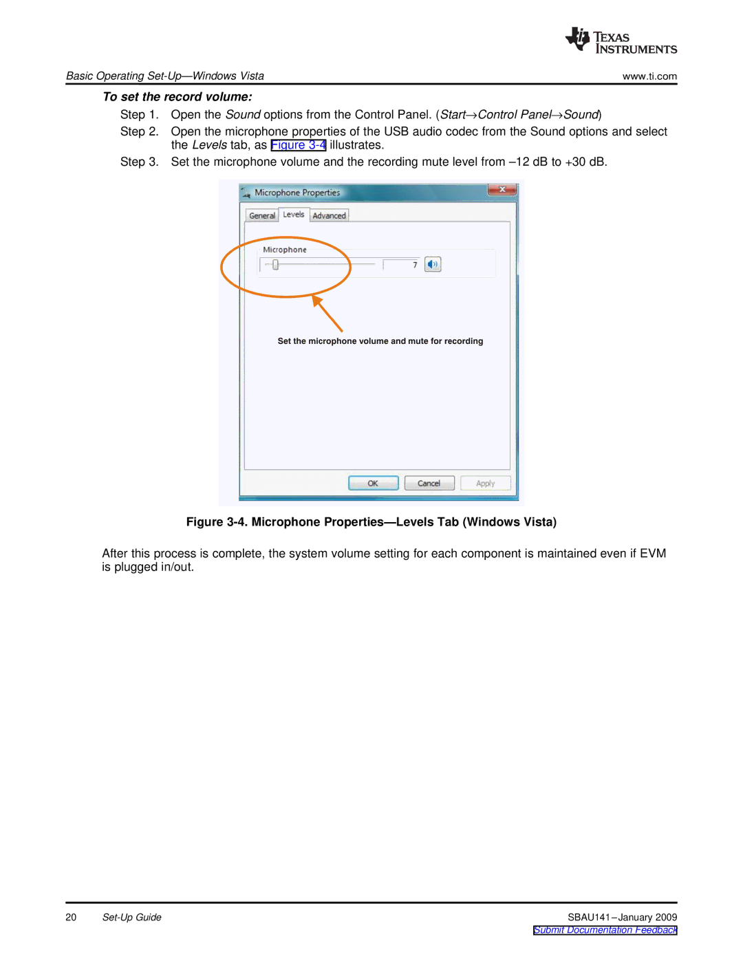 Texas Instruments DEM-PCM2912A EVM manual To set the record volume 