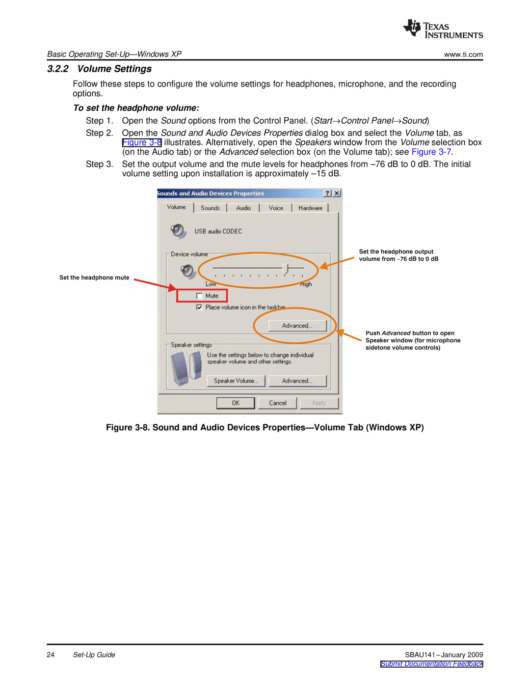 Texas Instruments DEM-PCM2912A EVM manual Volume Settings 