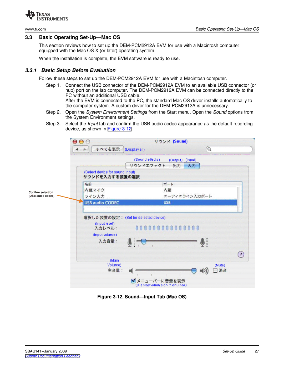 Texas Instruments DEM-PCM2912A EVM manual Basic Operating Set-Up-Mac OS, Sound-Input Tab Mac OS 