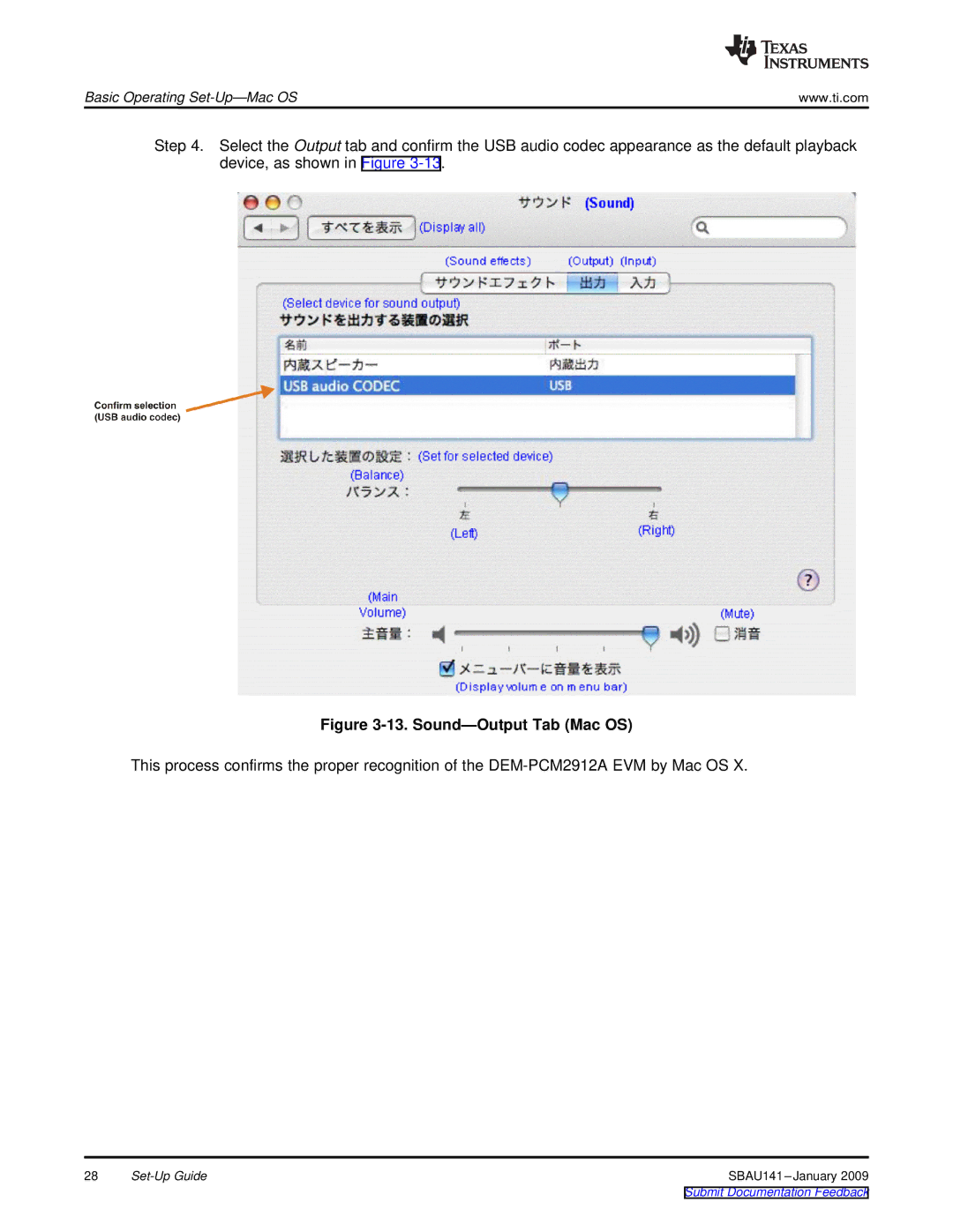 Texas Instruments DEM-PCM2912A EVM manual Sound-Output Tab Mac OS 