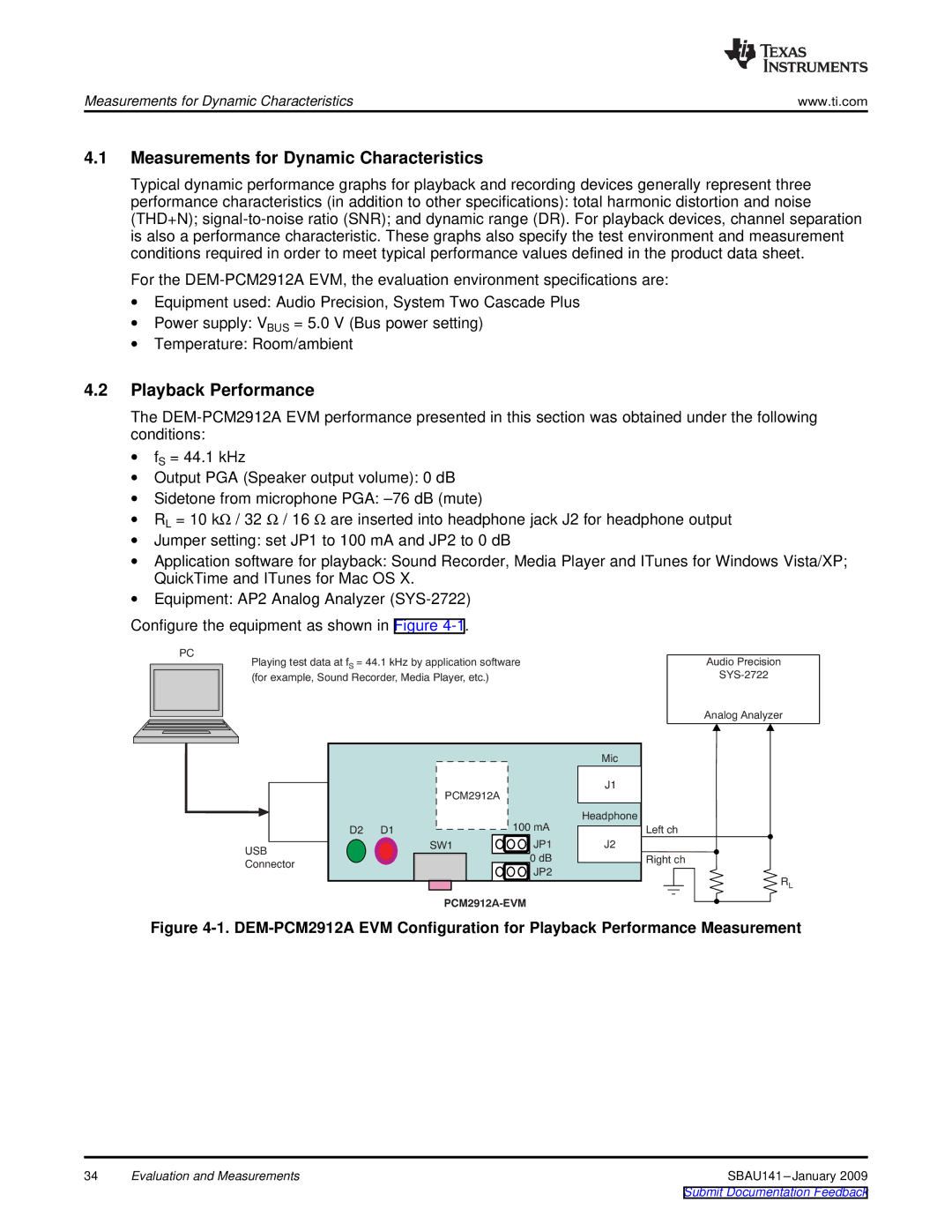 Texas Instruments DEM-PCM2912A EVM manual Measurements for Dynamic Characteristics, Playback Performance 