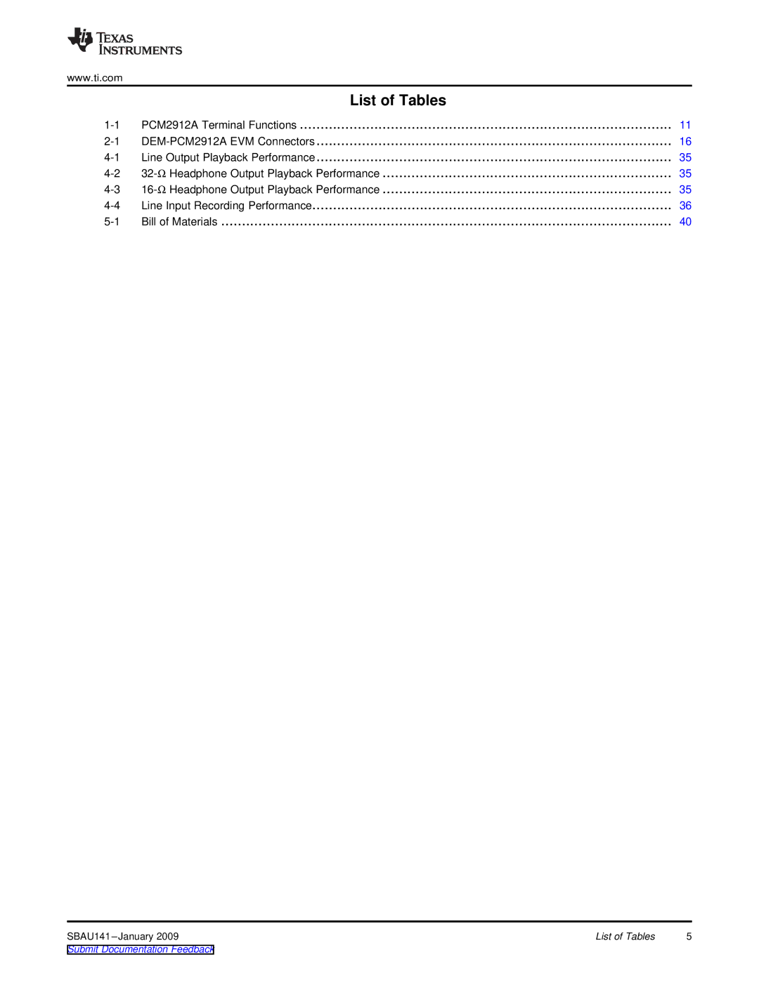 Texas Instruments DEM-PCM2912A EVM manual List of Tables 