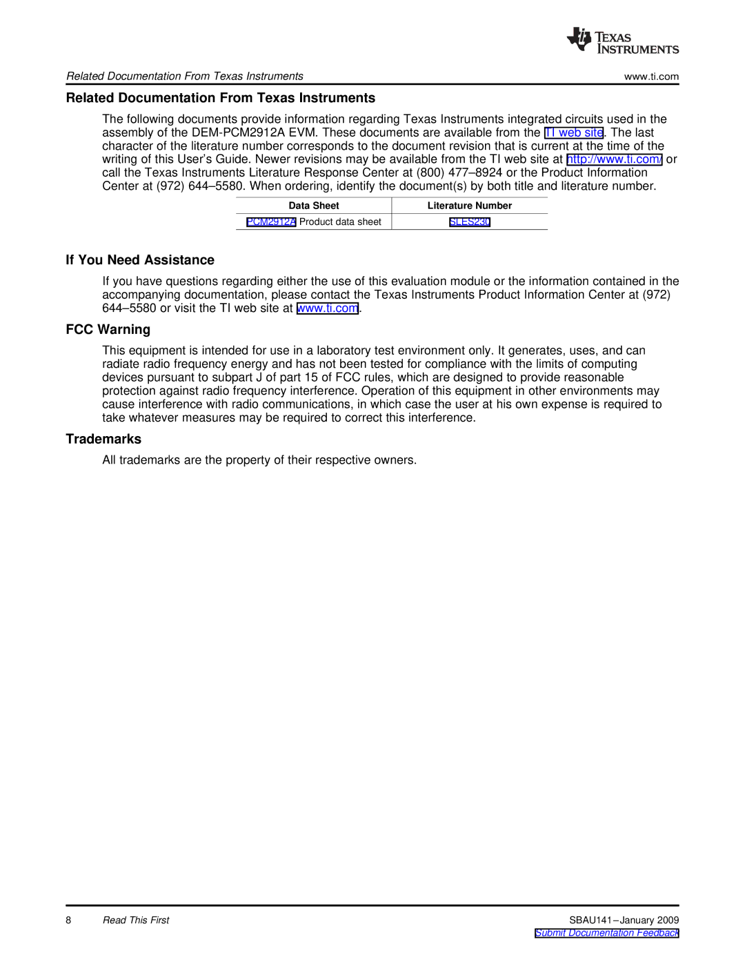 Texas Instruments DEM-PCM2912A EVM manual Related Documentation From Texas Instruments, If You Need Assistance FCC Warning 